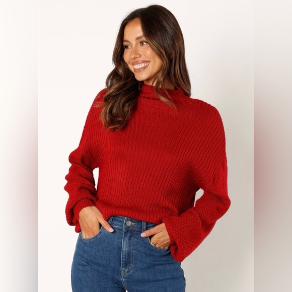 New Petal & Pup Lorelei Red Textured Knit Sleeve Turtleneck Sweater Size XS - Picture 3 of 13